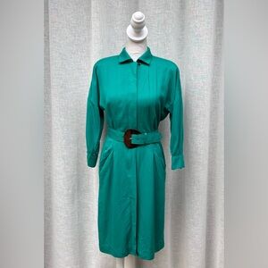 1990 Katie emerald green teal long sleeve button down belt dress